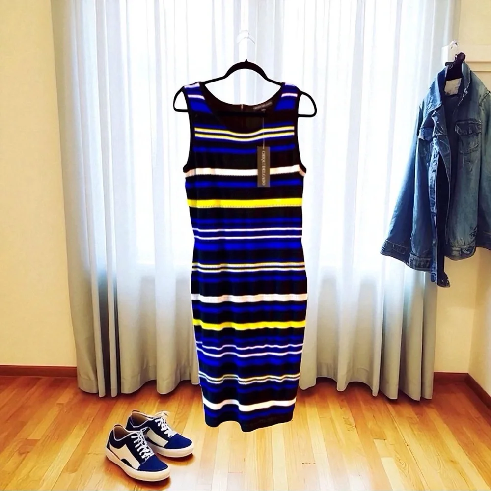 Black Striped Bodycon Dress Large Colorful Designer  NWT - Picture 3 of 7